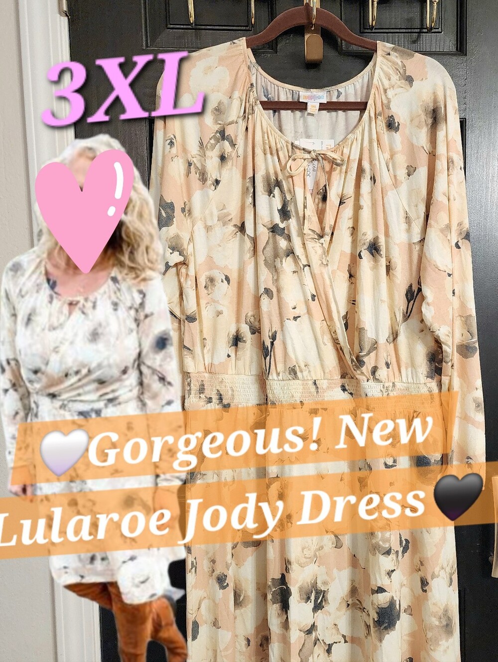 Lularoe Jody Dress Black Peach Floral 3x 3xl 2x 2xl Plus Curvy New Long Sleeve
